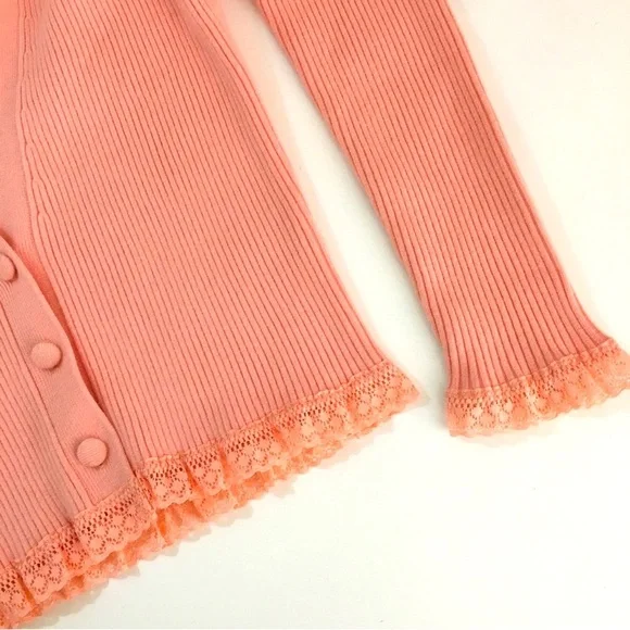 For Love and Lemons Nina Coral Ribbed Lace Edge Crop Button Cardigan Medium - Picture 5 of 13